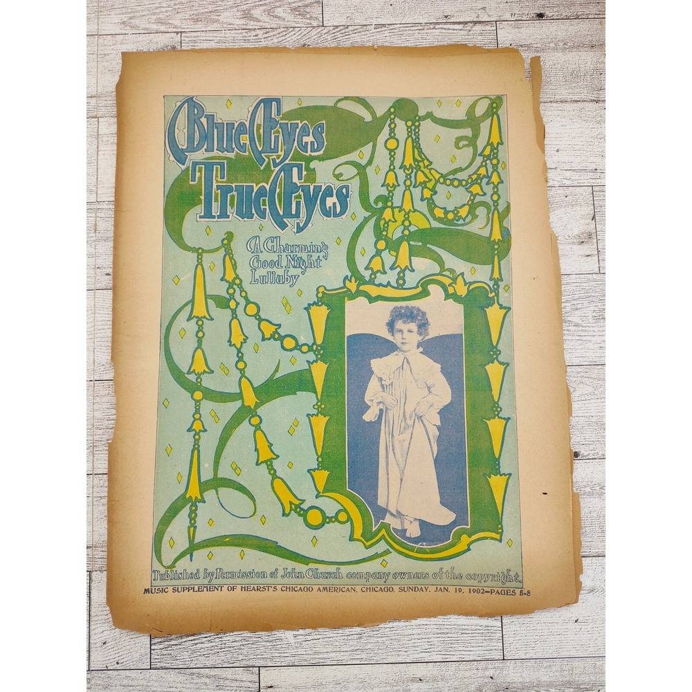 1902 Blue Eyes True Eyes Antique Sheet Music Charming Good Night Lullaby Art